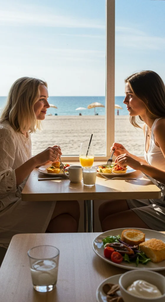 A café table set with a meal and two cups